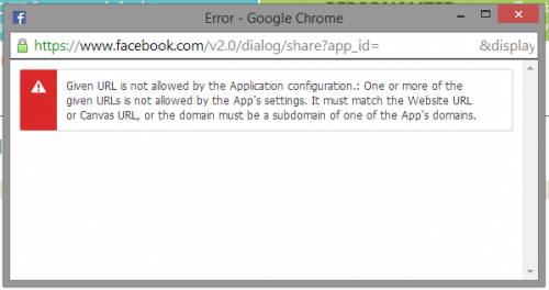 The Facebook Share Dialog requires your Website URL in your App Settings to match that of the domain that you are sharing from.