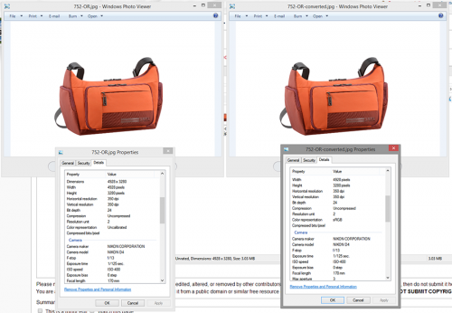 The image on the left is the original Hi-Resolution image from the vendor. Note in the properties that the Color Representation is set to Uncalibrated.  This is the AdobeRGB image. The image on the right is the converted image from Photoshop set to sRGB. Note in the properties that the Color Representation is set to sRGB.