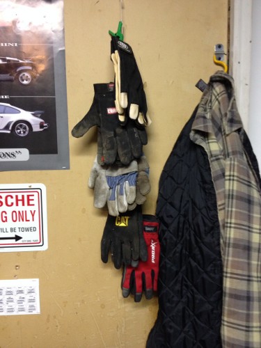 Place the glove hanger where ever you have a few inches of space.  Your pairs will always be kept together, there's no fumbling, and and more space in your toolbox, workbench, etc.