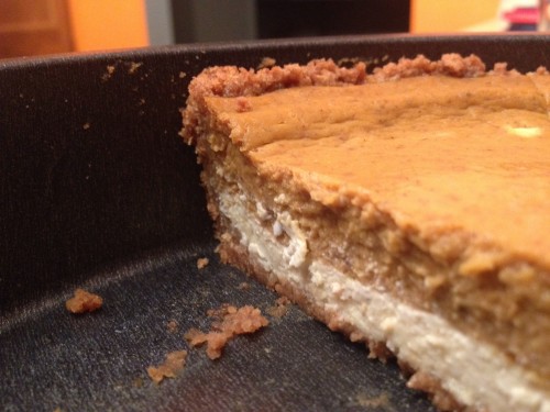 A new twist on traditional pumpkin pie - adding a layer of cheesecake on a graham cracker crust