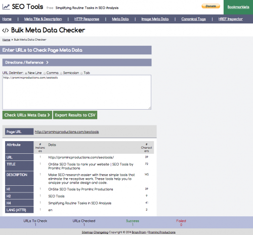 View the seo meta data from a bulk list of URLs at once.