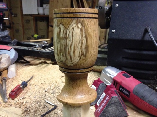 The oak water goblet is off of the lathe and got a clear coat added.