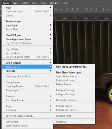 Use the layer menu in Adobe Photoshop to import a video layer.