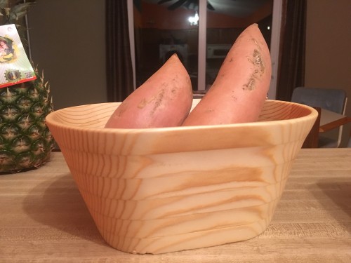 Scrollsaw wood bowl for holding vegetables.