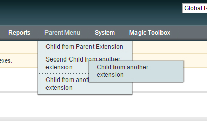 Admin menu with options from different extensions.