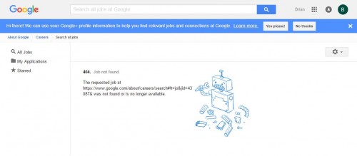 Google jobs page returns a 404 error yet ranks at top of page 1 in SERP