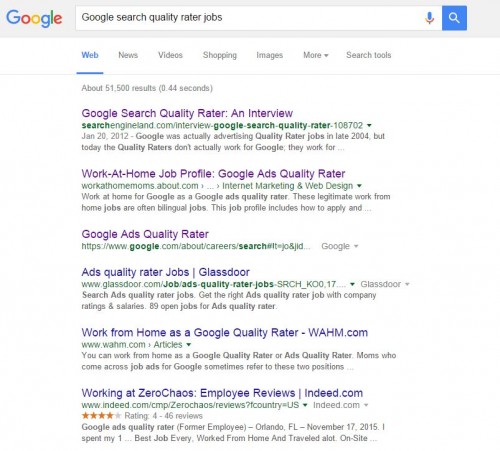 Google Search Quality Rater job posting results