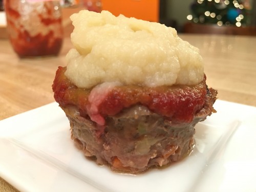 AIP Meatloaf Muffins topped with Mashed Cauliflower and NOmato Sauce