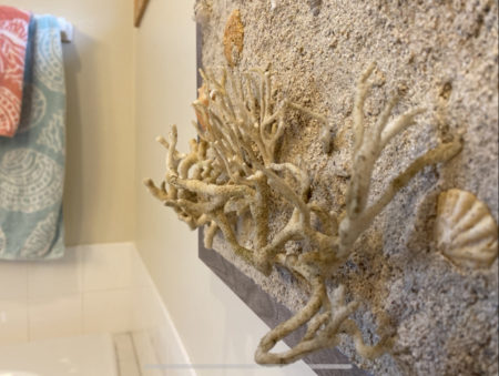 Coral art compliments bathroom decorations