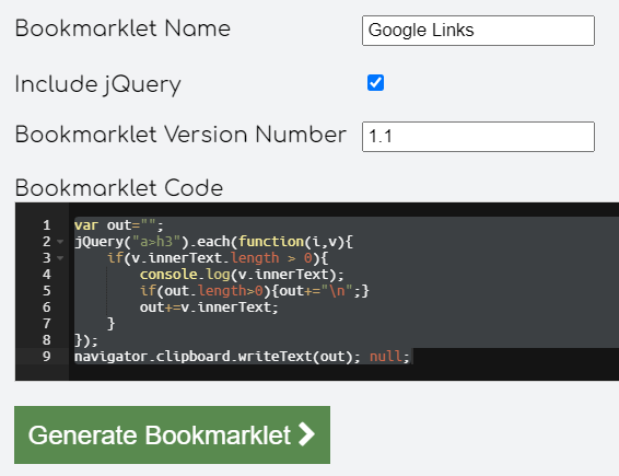 Update the version of the bookmarklet and regenerate the bookmarklet.