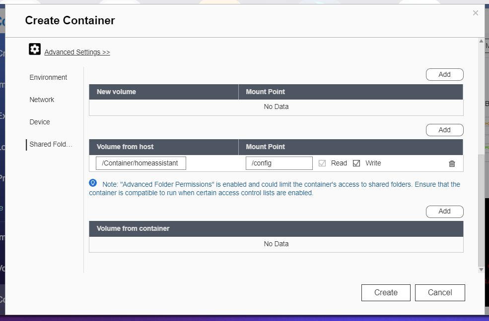 Configuration for the container shared folder settings