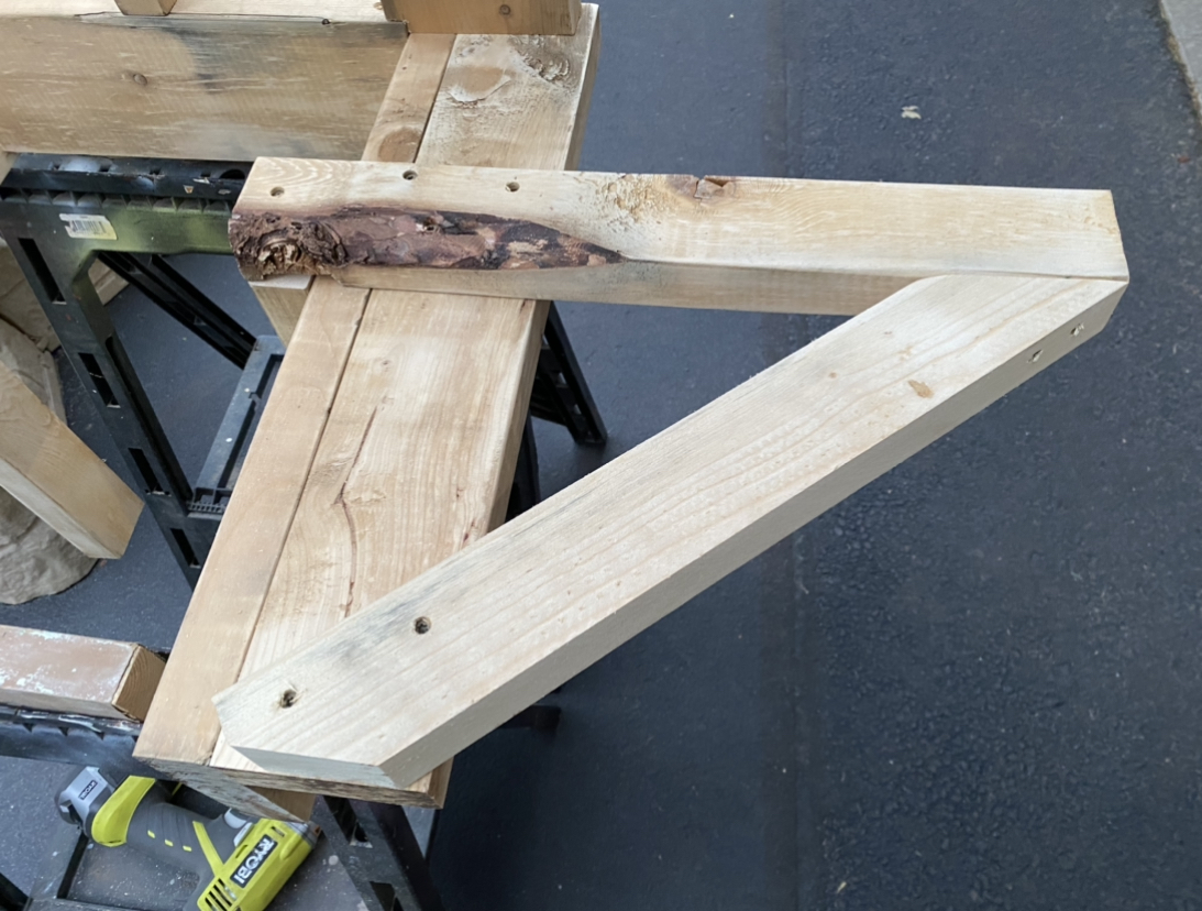 Showing the screw pattern of the bench seat supports to the picnic table legs