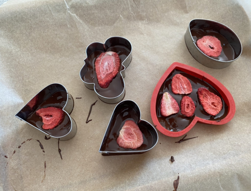 Chocolate Strawberry Heart Candies ready to be put into the refrigerator