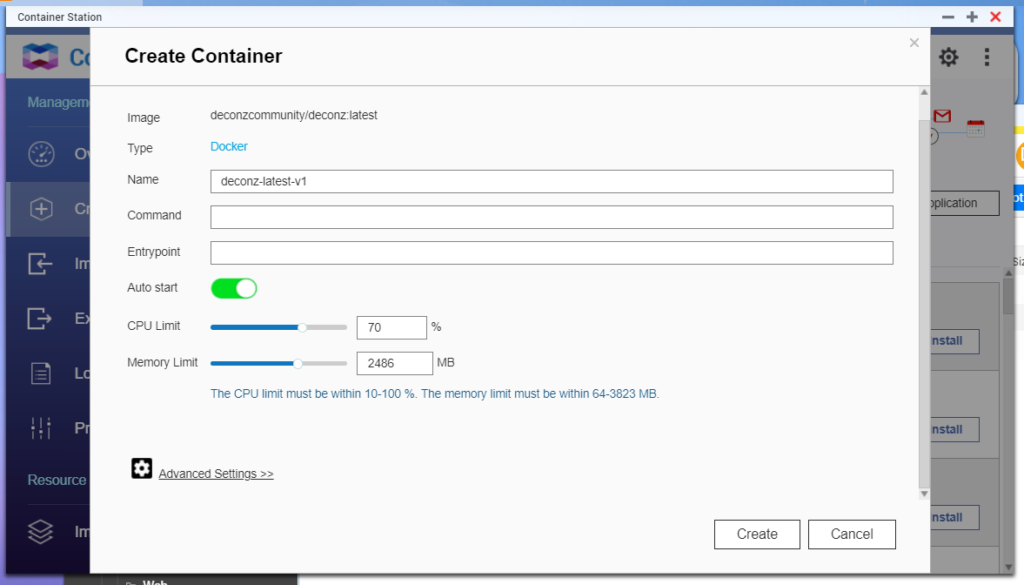 Basic configuration of the QNAP Container Station Deconz image