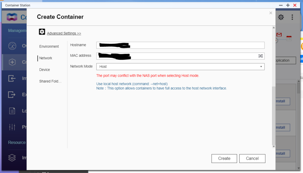 Configure the network settings for the Deconz container