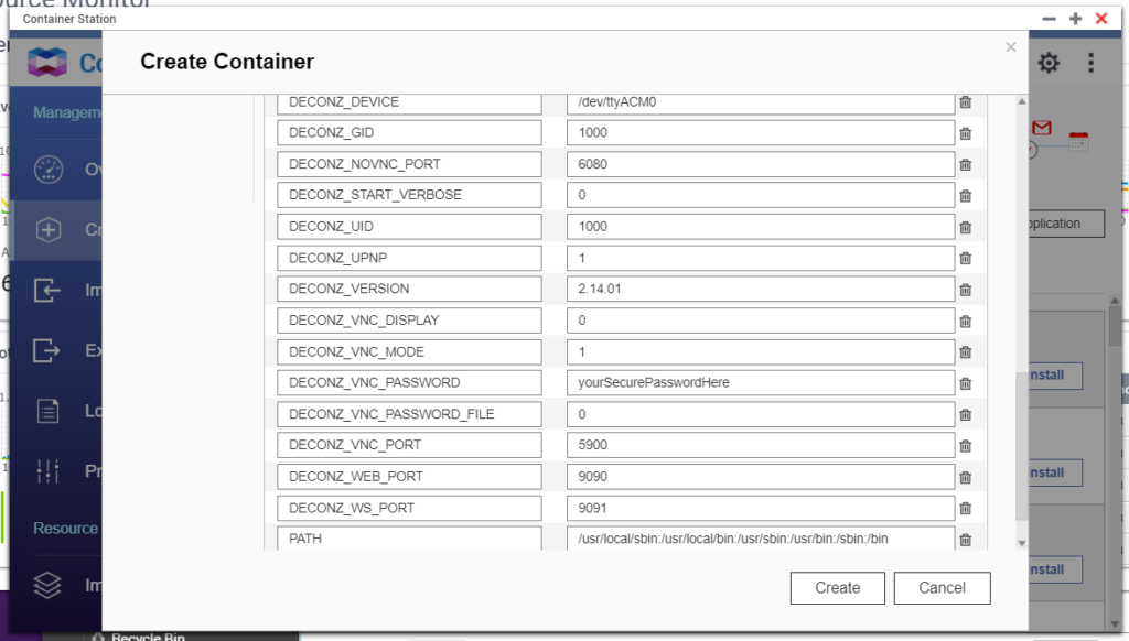 Deconz container environment variables