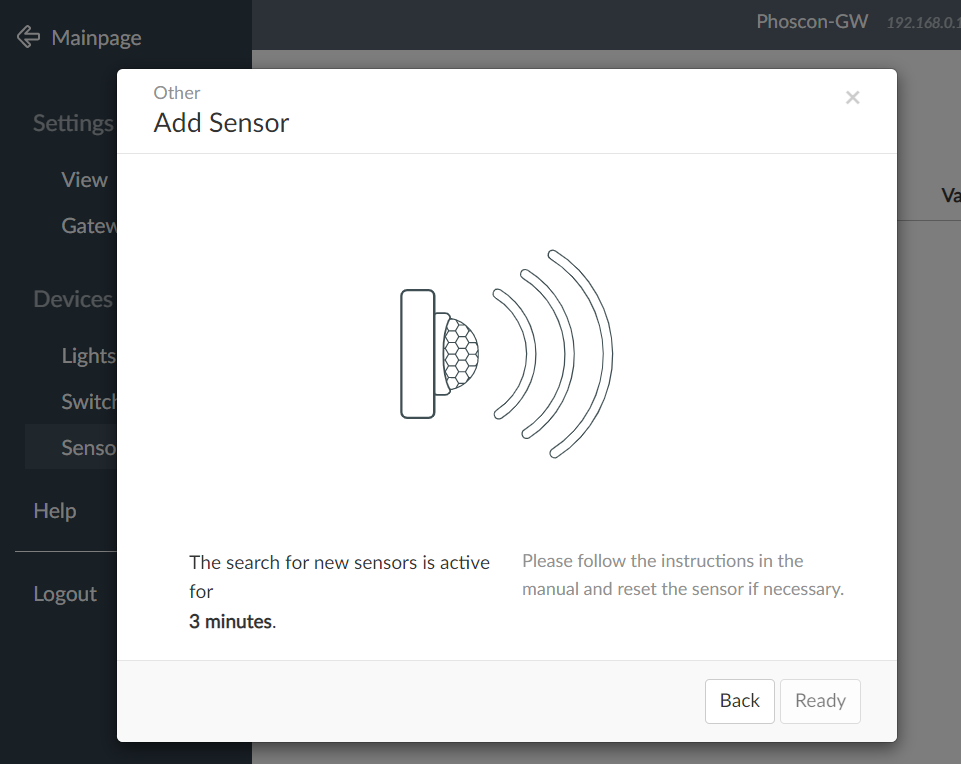 deCONZ add sensor screen searching for a sensor.