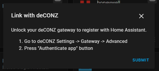 Home Assistant prompt to link the integration to the deCONZ server