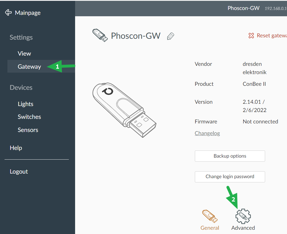 Navigate to the Advanced settings of the ConBee II device in the deCONZ web application.