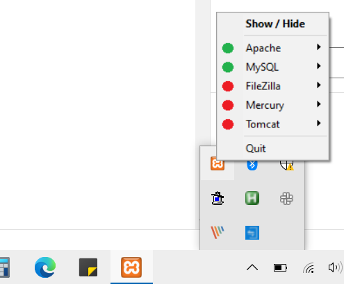 XAMPP shows that it is running in Windows