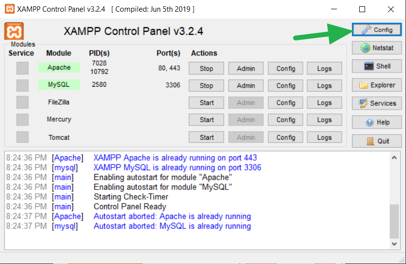 Click the Config button in the XAMPP Control Panel
