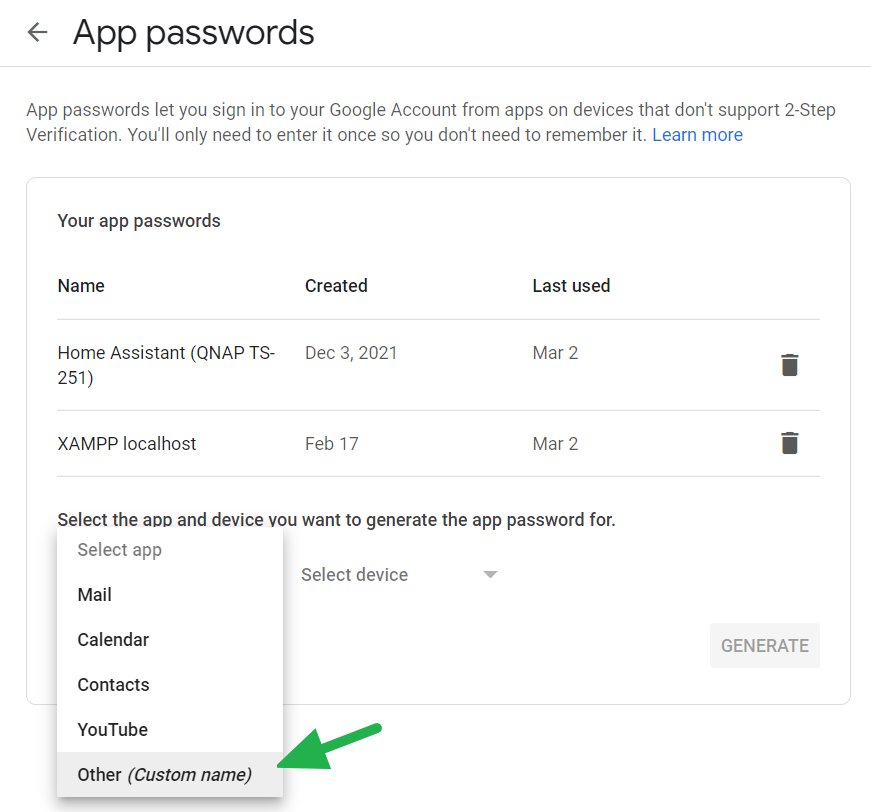 App type dropdown when creating a Gmail App Password