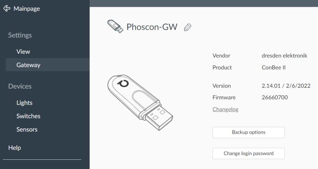 The firmware version is now set for the ConBee II device in the deCONZ web interface