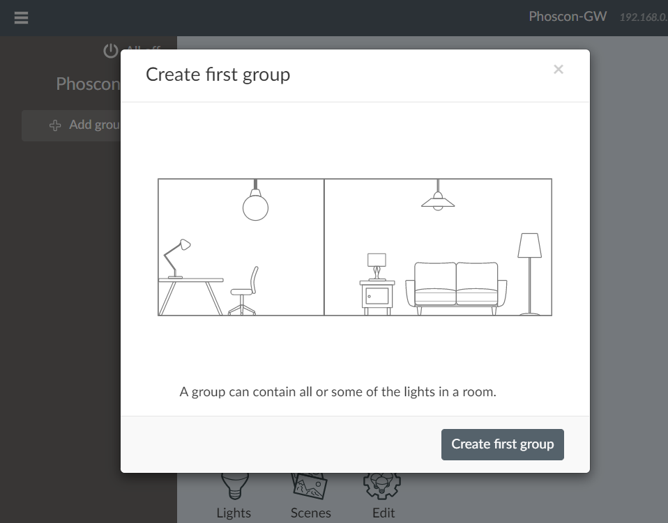 Group configuration option in Phoscon Deconz web app.