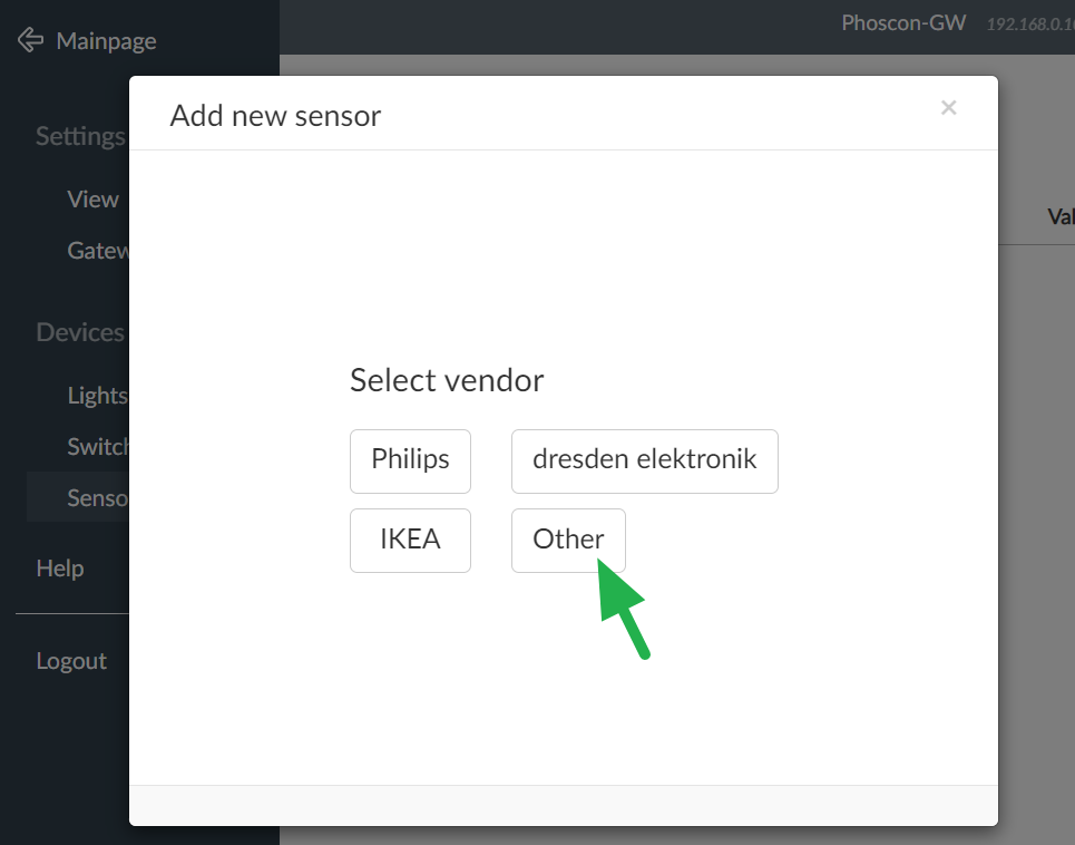 Sensor vendor selection in the Deconz Phoscon sensor setup screen.