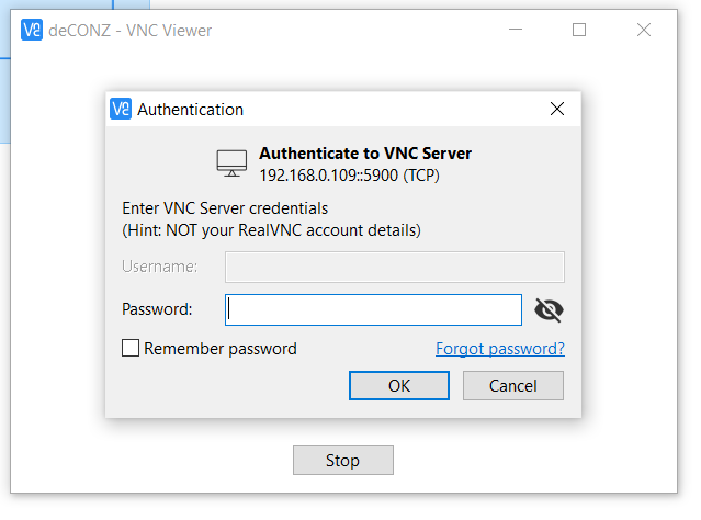 deCONZ VNC Viewer authentication prompt