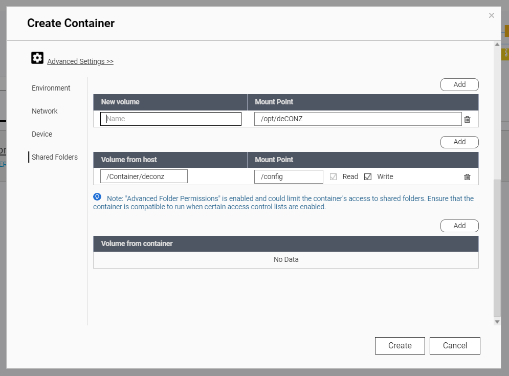 Configure the Shared Folders for deCONZ in QNAP Container Station