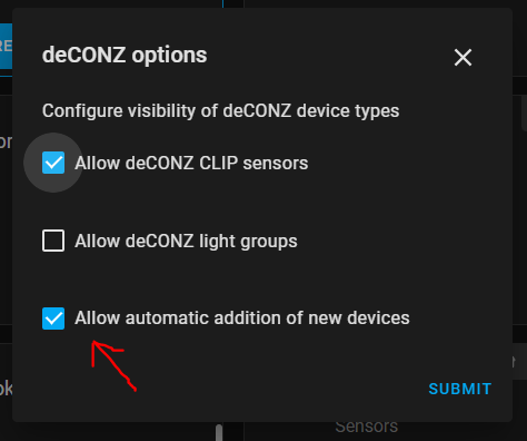 deCONZ Home Assistant integration configuration settings to automatically add new devices
