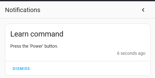 Home Assistant notification prompting which button to press on the remote for the IR blaster to learn