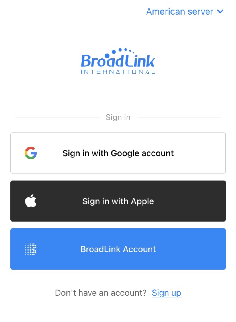 BroadLink app login screen