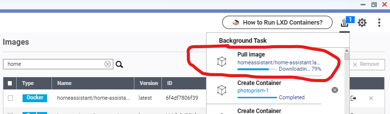 Container image pull status shown in Background Tasks dropdown