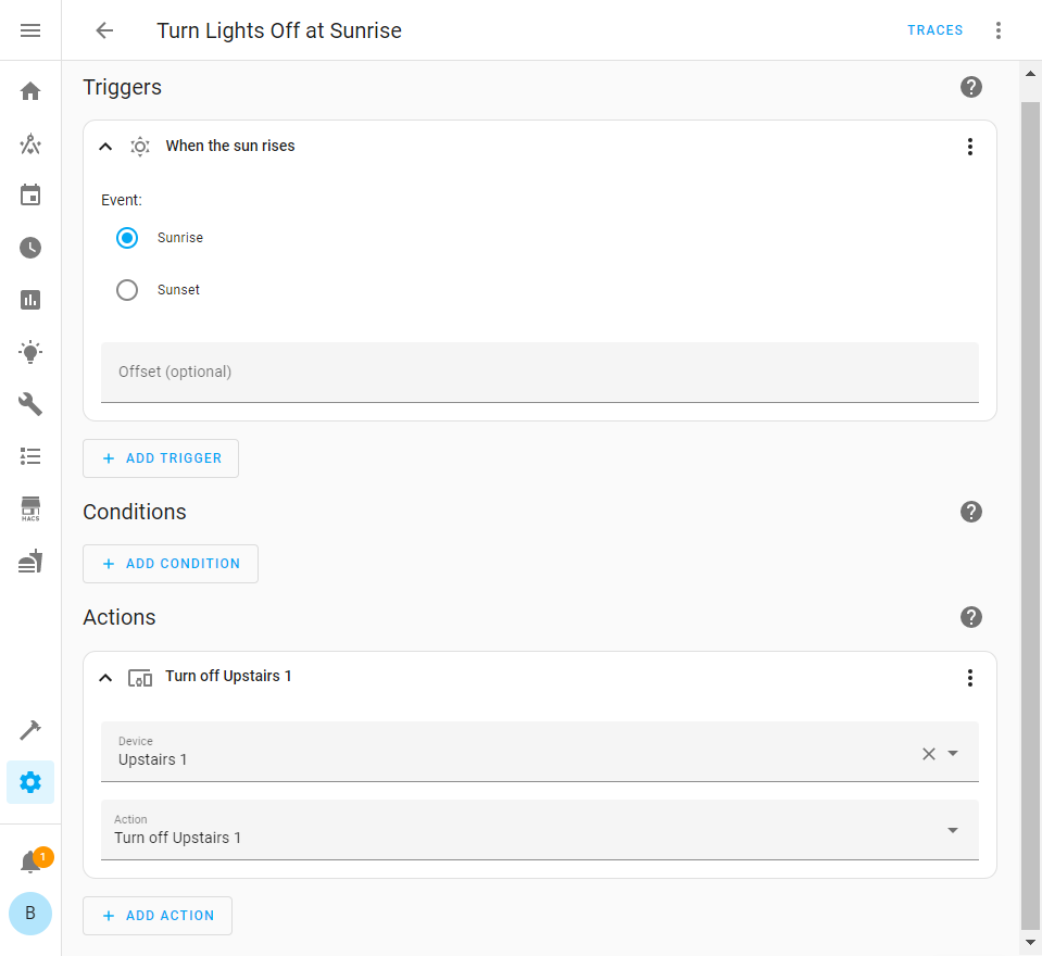 Home Assistant visual editor to trigger lights to turn off at sunrise