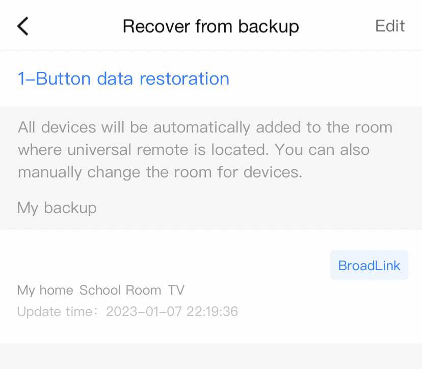 Select backup to recover in the Broadlink app for the RM4 Pro