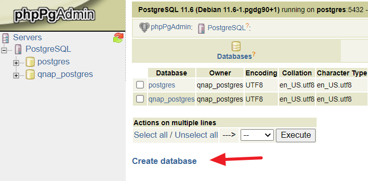 Click the Create Database link in phppgadmin