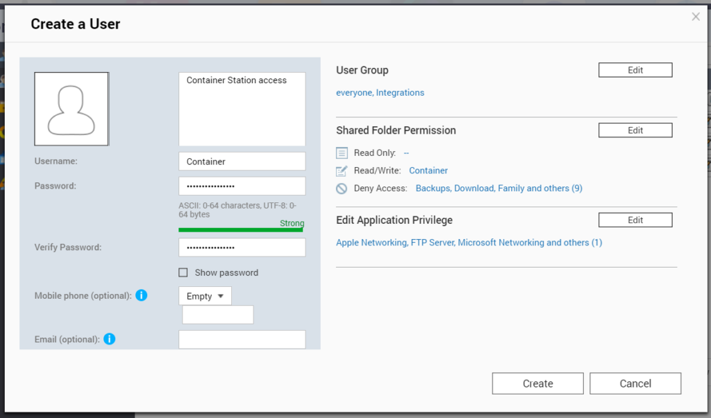 Create a user in QNAP for Container Station access