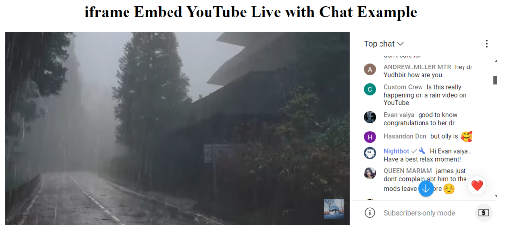YouTube Live Chat with Live Stream iframe example screenshot