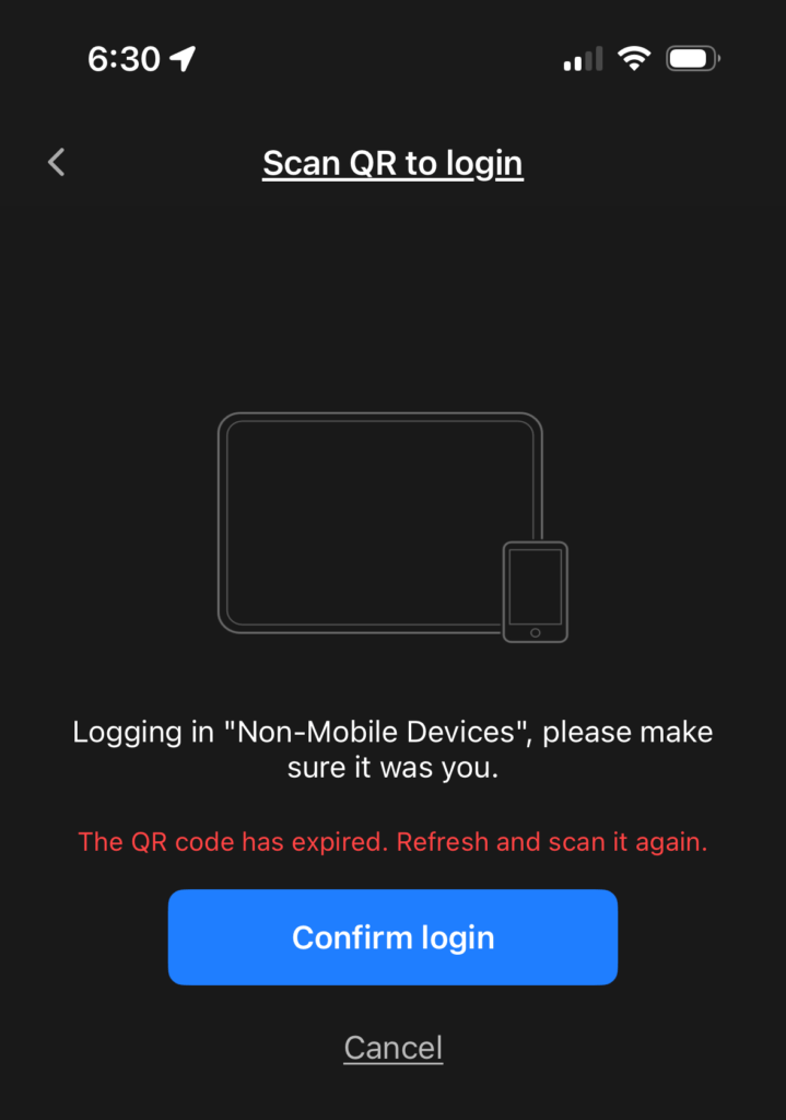 Tuya SmartLife app indicating QR code has expired